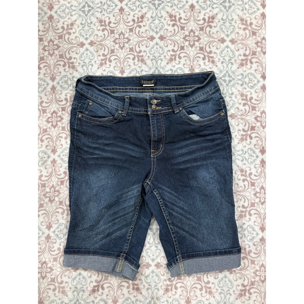 Venus Womens Dark Wash Cuffed Denim Bermuda Shorts Size 10 Stretch Blue